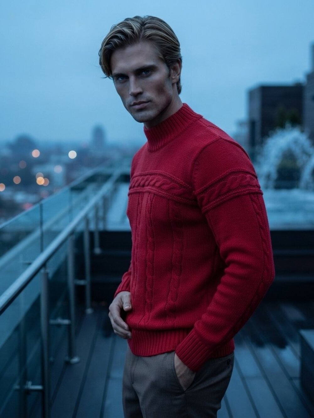 Austin Kane Men XL Sweater Red Wool Cable Knit Mock International Male Archival